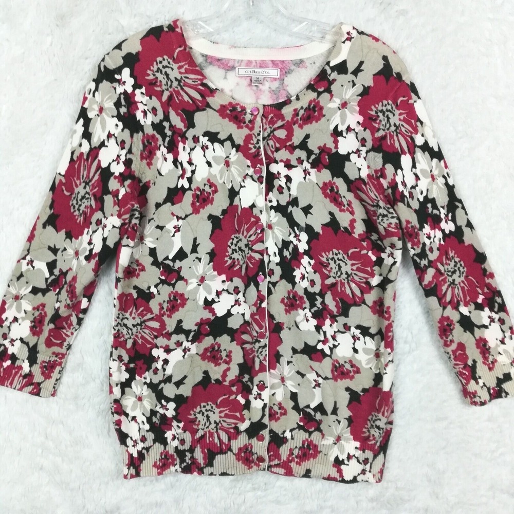 G. H. Bass & Co Womens Cardigan Sweater Floral Red Gray Button Front Knit M